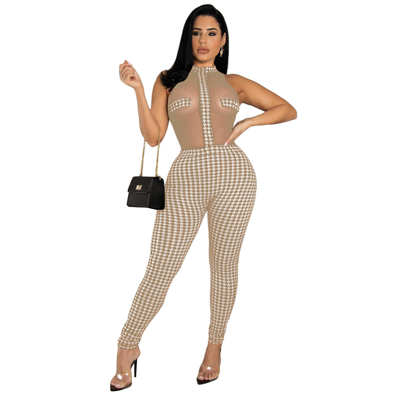 Club Sleeveless Houndstooth Knitting Threads See-through Jumpsuit