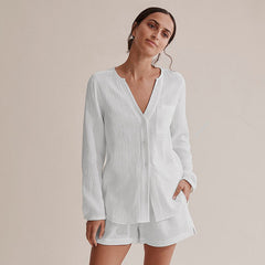 White Long-Sleeved Air Conditioning Room Cotton Crepe Shorts Suit Pajamas Skin-Friendly Homewear