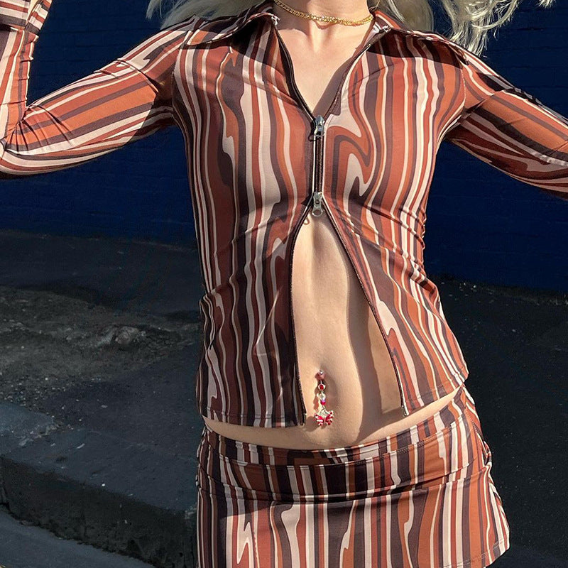 Collared Print Long Sleeve Zipper Cardigan Sheath Skirt Outfit