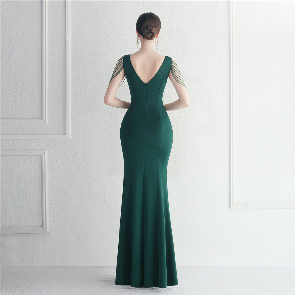 Robe longue de soirée ornée de strass et de perles pour hôte, dîner, mariage