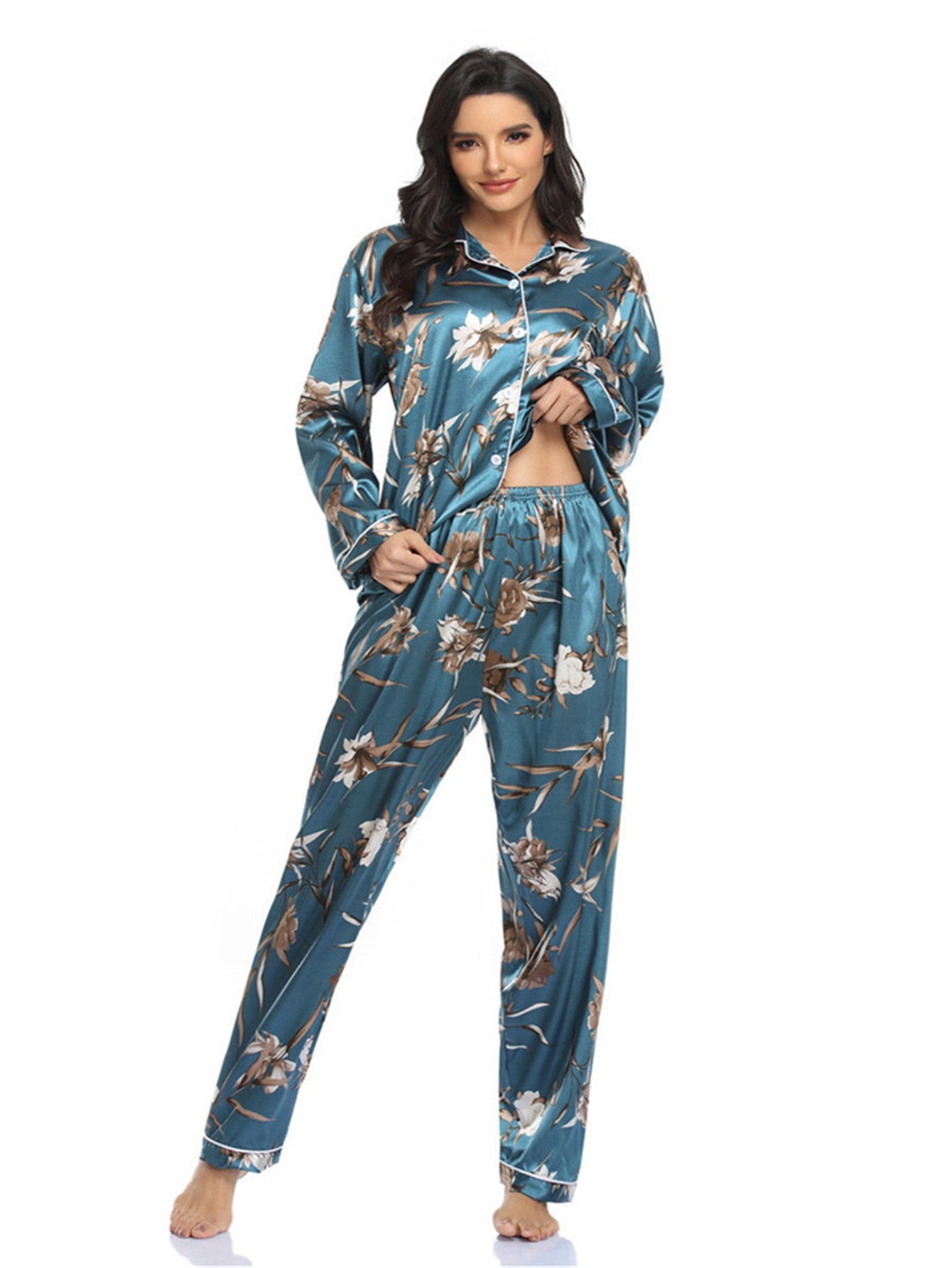 Home Wear Suit Pajamas Satin Cardigan Long Sleeve Long Sleeve Autumn