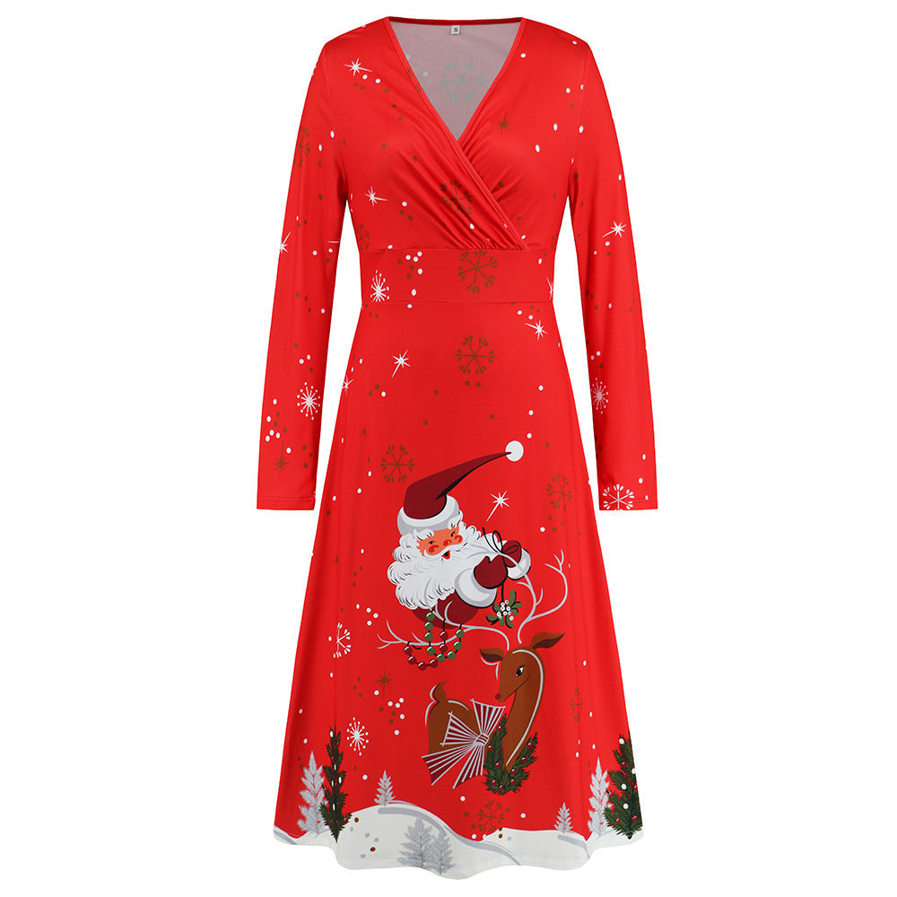V Neck Long Sleeved Christmas Printed Dress Christmas Dress Year Party Play Maxi Dress