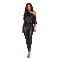 Fall Leather Strap Off The Shoulder Slim Fit One Piece Leather Jumpsuit