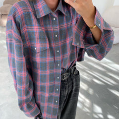 Retro All Matching Collared Loose Shirt Plaid Long Sleeve Pocket Shirt