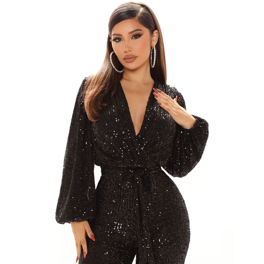 V-neck Sequined One-Piece Wide Leg One-Piece Trousers