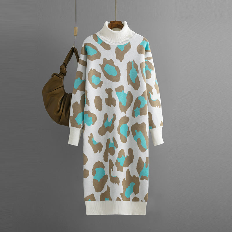 Turtleneck Base Knitted Dress Leopard Print Maxi Dress