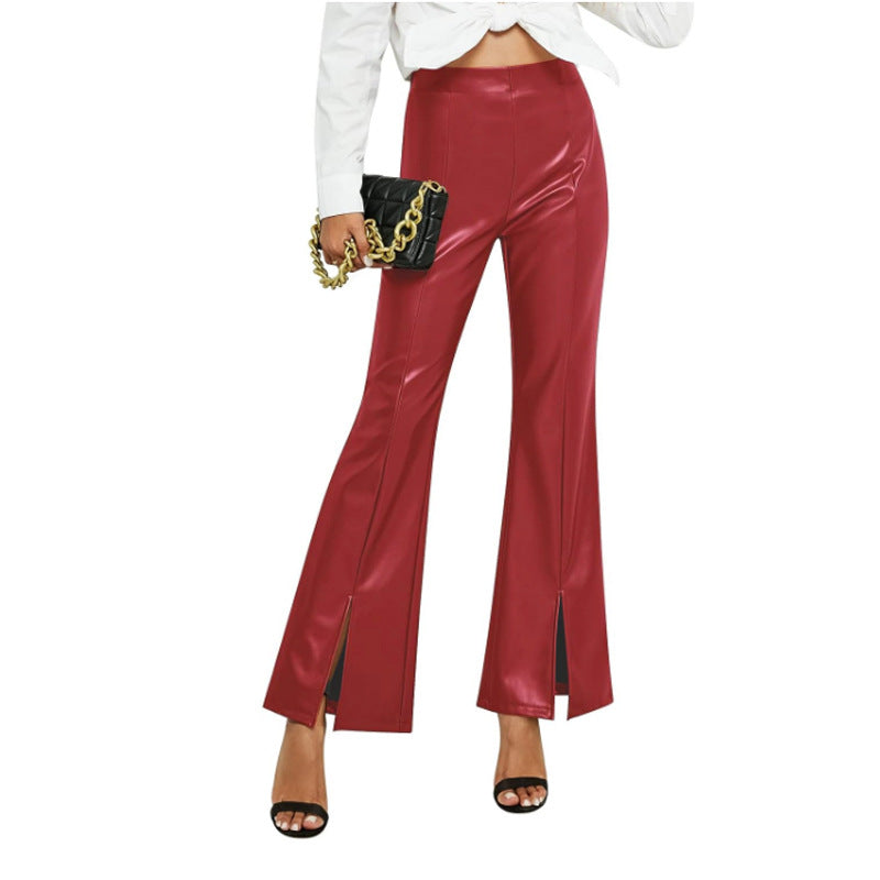 High Waist Slim Fit Slit Bell-Bottom Pants Casual Leather Pants