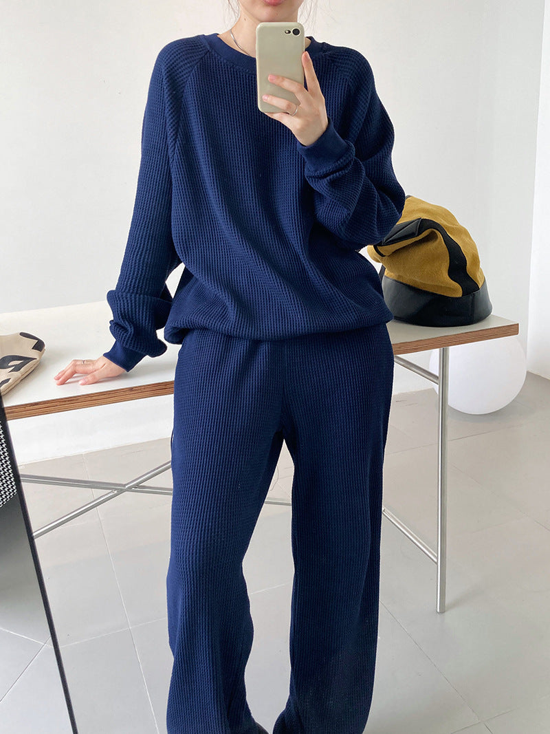 Korean-Style Long-Sleeved Waffle Sweater Ankle-Tied Sweatpants Two-Piece Suit Casual Exercise