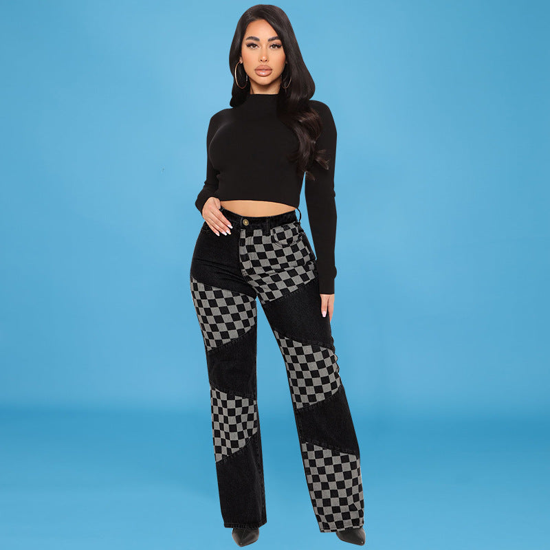 Denim Plaid Contrast Color Straight Jeans