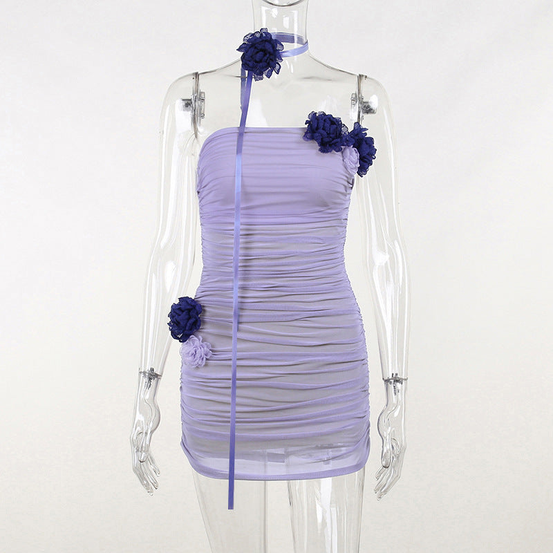 Design Slim Fit Mesh Contrast Color Floral Tube Top Scarf Ribbon Dress