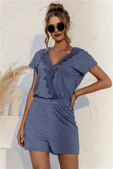 Eaby Short Sleeve V-neck Criss Cross Lace Stitching Romper Romper