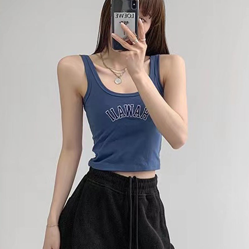 One Piece Chest Pad Letter Graphic Embroidery Short Camisole Sports Inner Bottoming Top