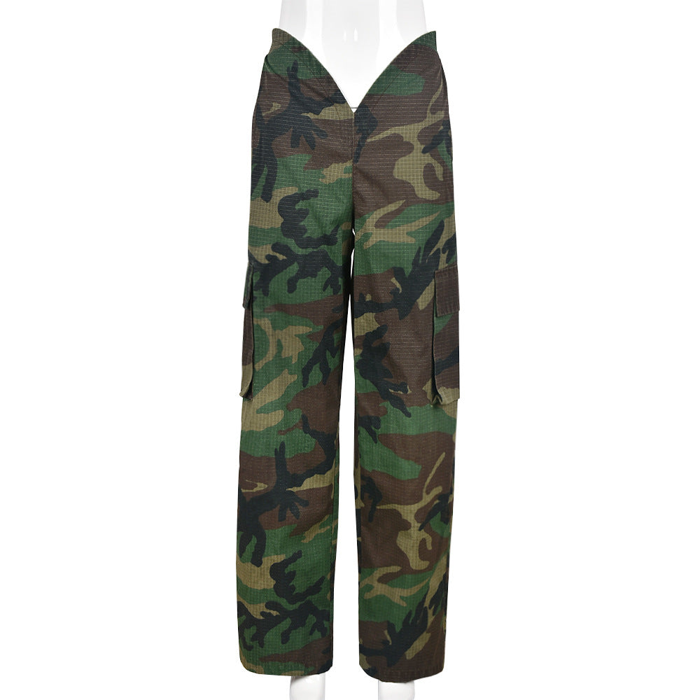 Camouflage Love Waist Slim Casual Pocket Trousers