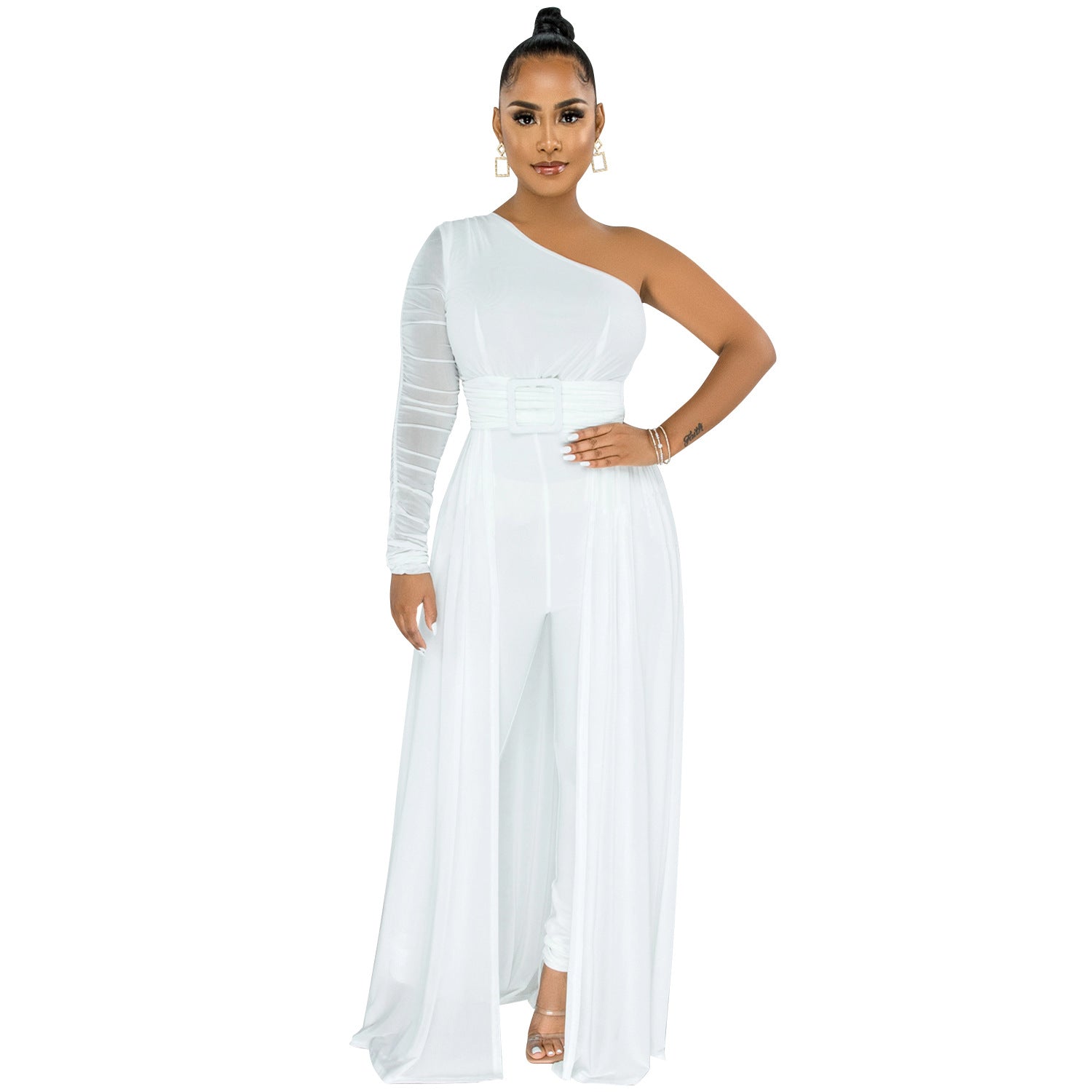 One Shoulder Diagonal Collar Long Sleeve Trousers Jumpsuit