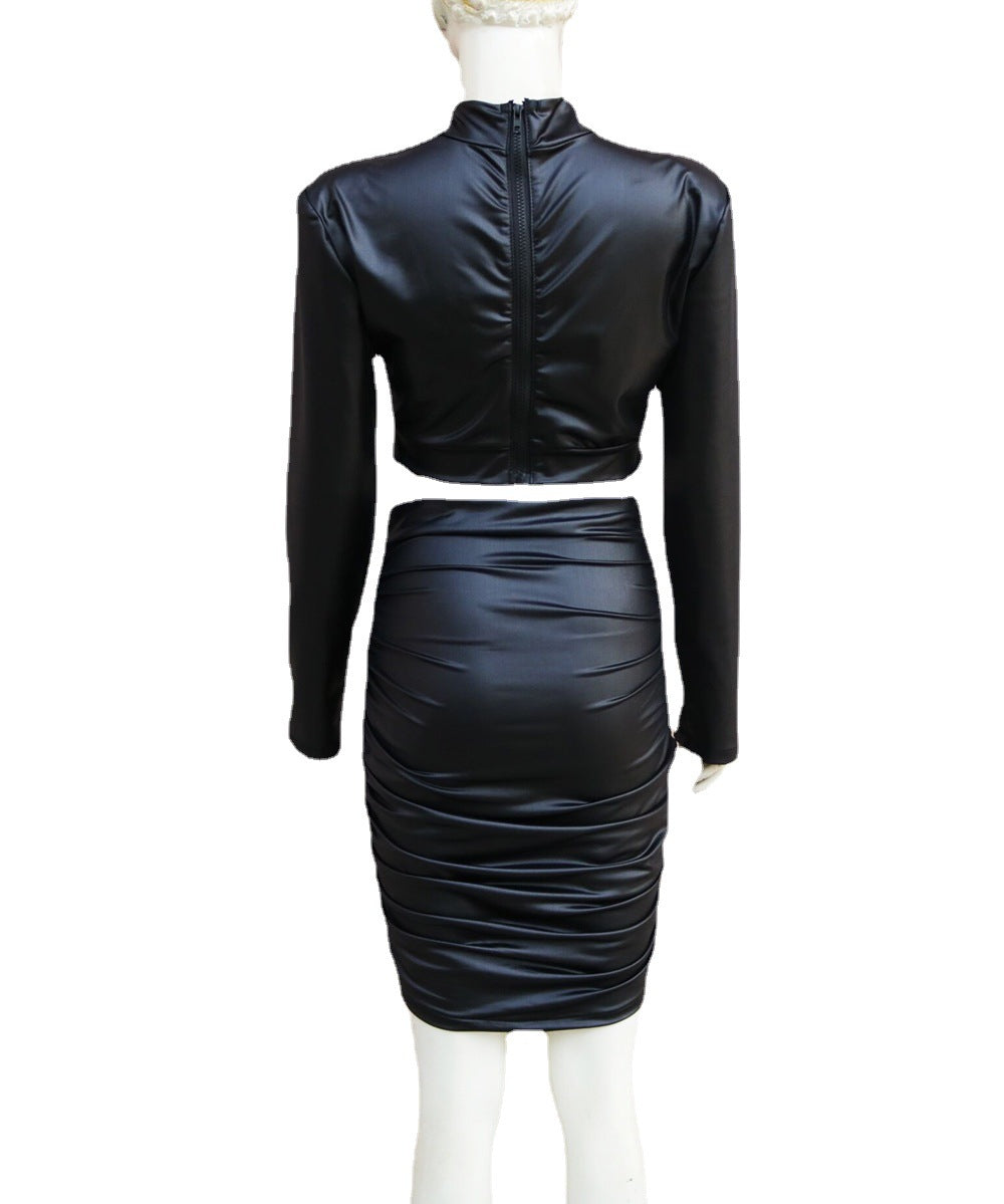Solid Color Turtleneck Long Sleeve Two-Piece Suit Dress