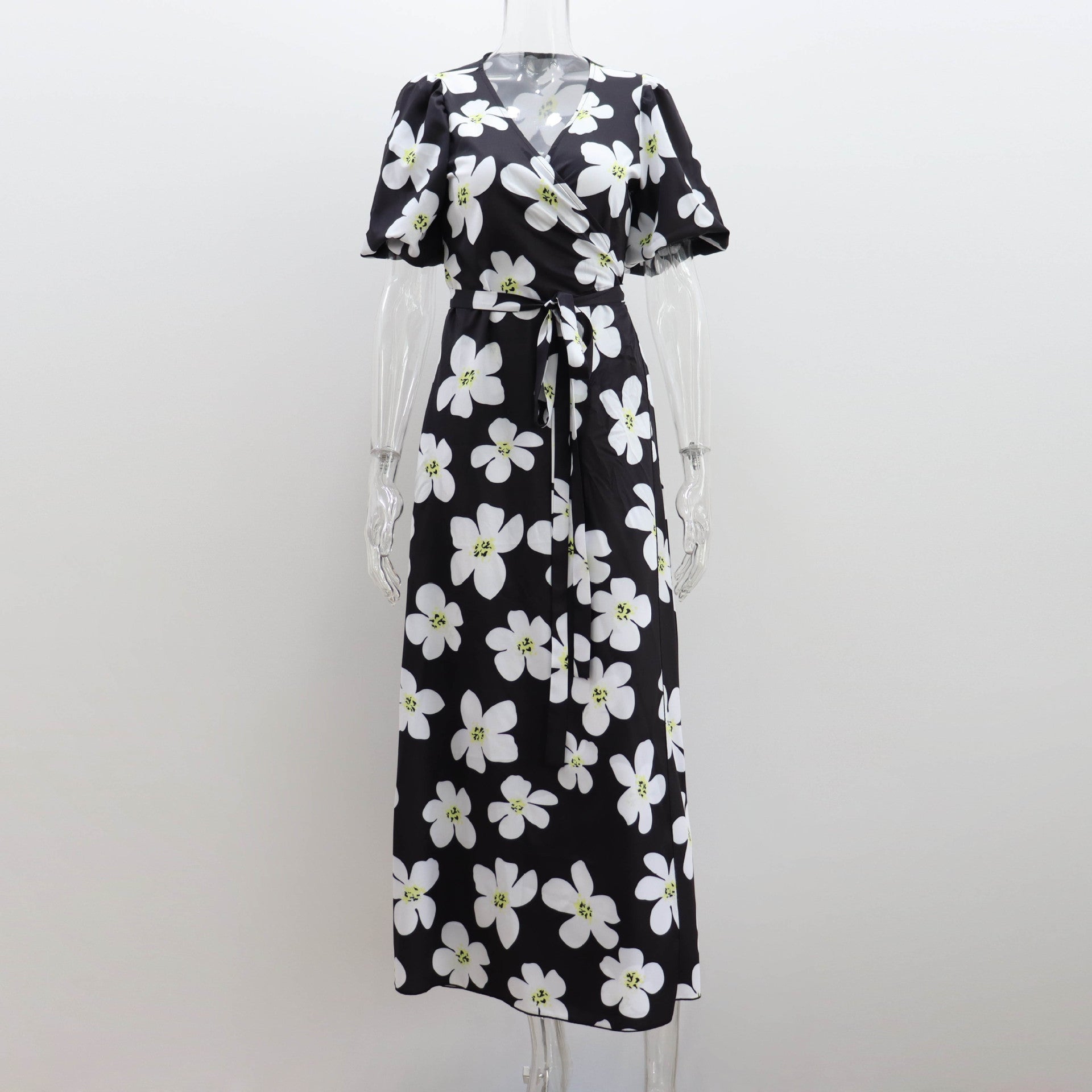 Lantern Sleeve V neck Dress Slim Fit Large Swing Elastic Printing Maxi Dress