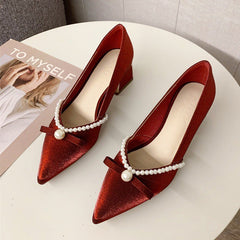 Pearl Bow Pumps Mid Chunky Pointed High