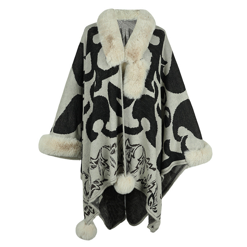 Cloak Contrast Color Fur Collar Thickened Warm Talma