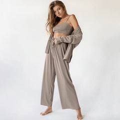 Knitted French Ice Silk Rib Chest Wrap Underwear Comfortable Pajamas Three Piece Home Wear