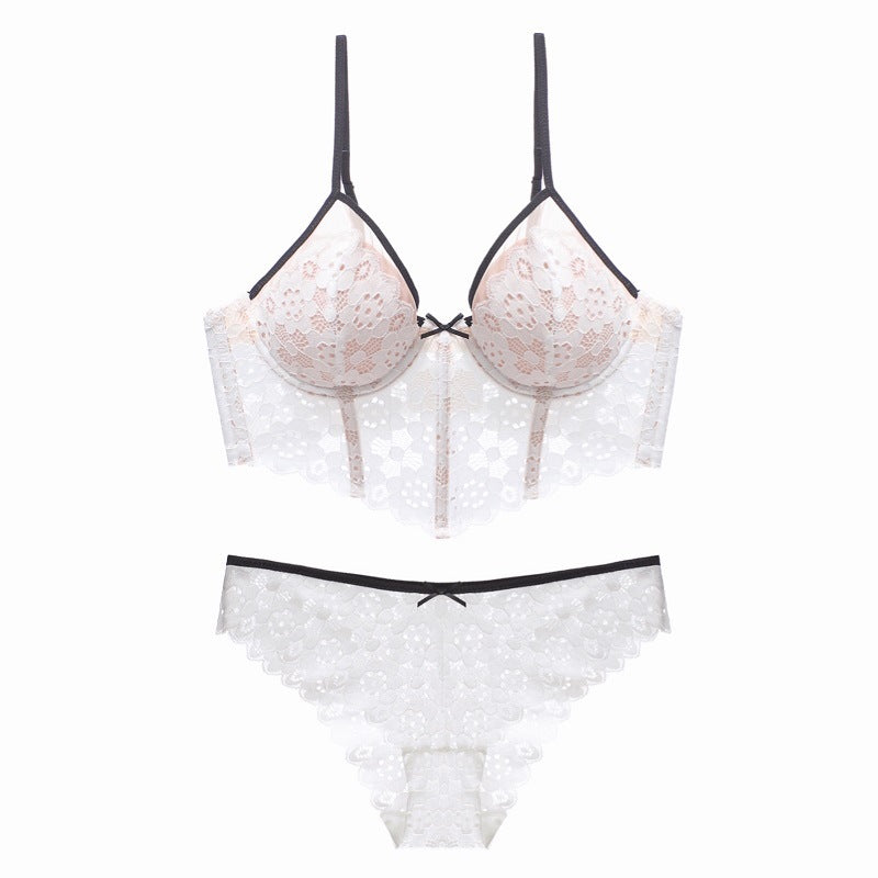 Underwear Thin Cup Braces Vest Bra Push up Crocheted Lace Long Bra Set