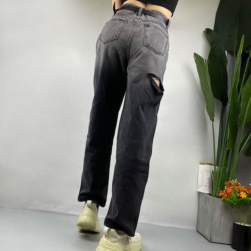 Jean déchiré à coutures dégradées de couleurs, style hipster urbain, coupe droite, pantalon large