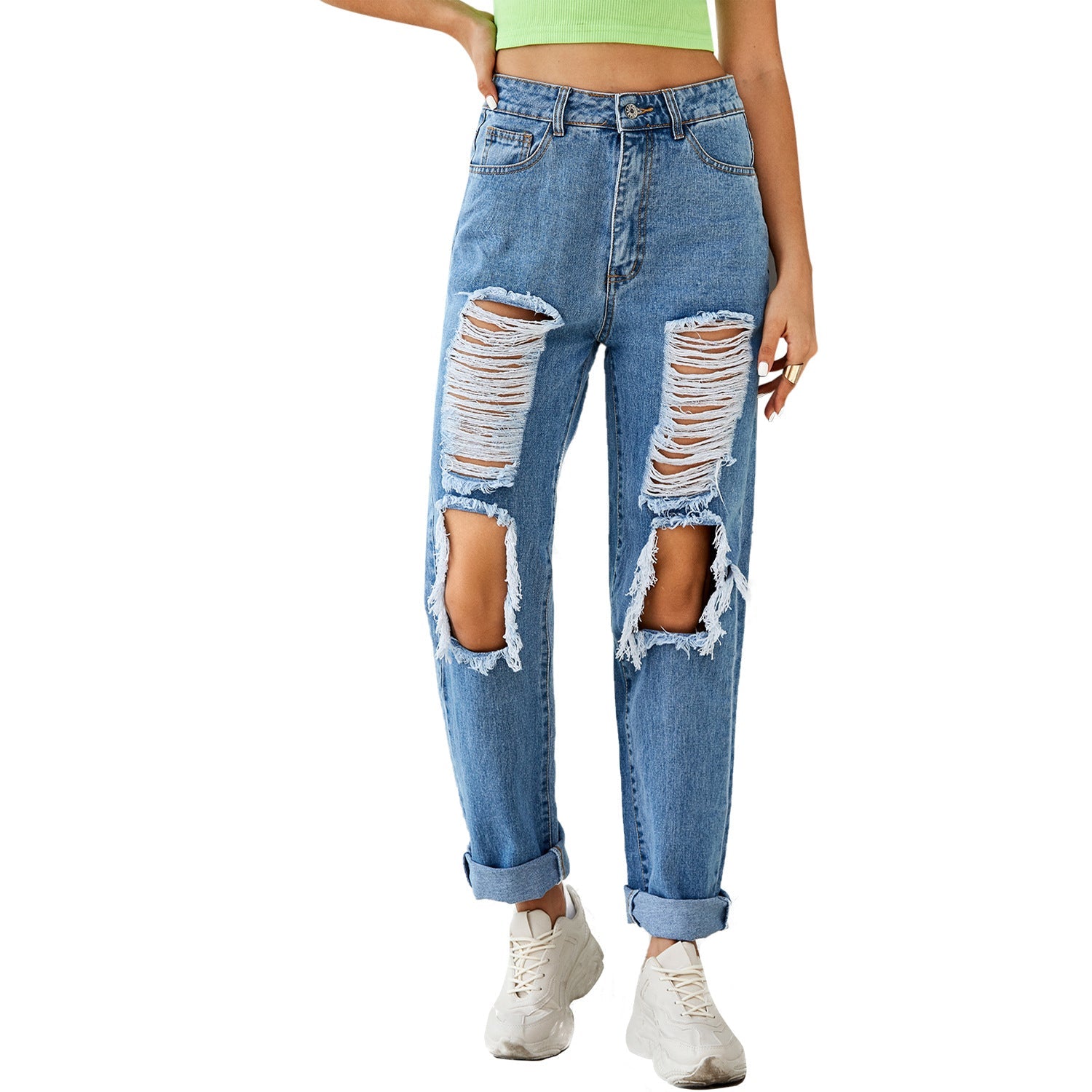 Pantalon en jean droit déchiré taille haute