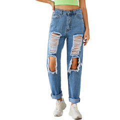 Pantalon en jean droit déchiré taille haute