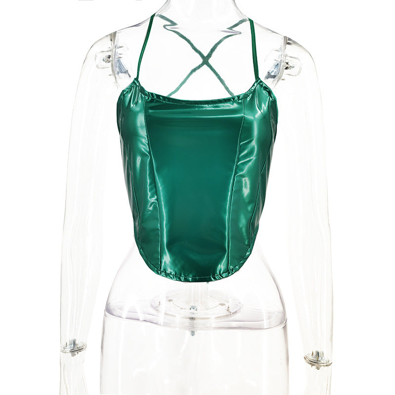 Solid Color Cropped Backless Faux Leather Camisole