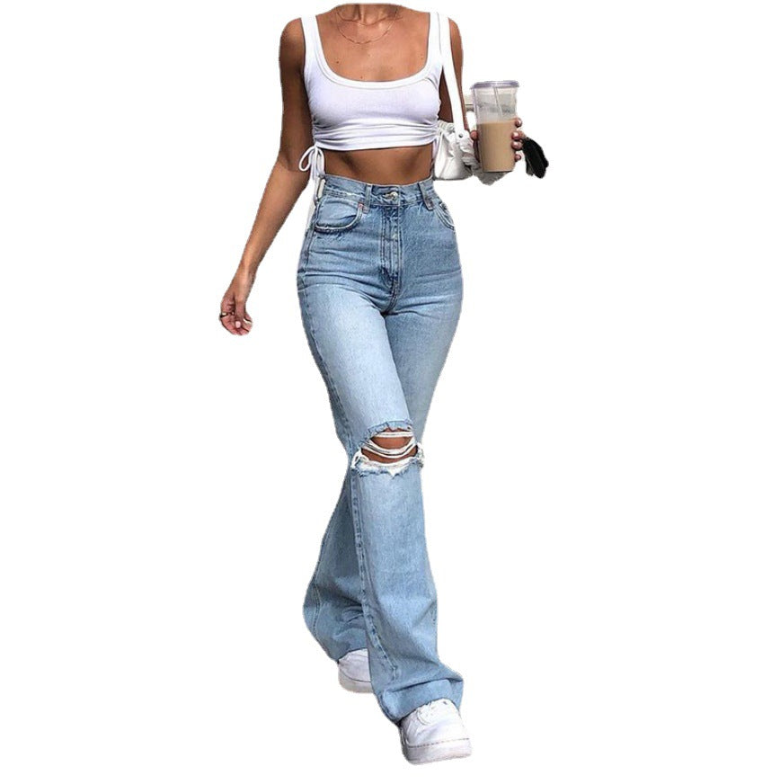 Pantalon en jean taille haute rétro extensible, slim, déchiré au genou, à pattes d'éléphant