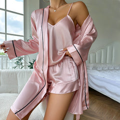Ice Silk Pajamas Suspender Shorts Nightgown Three Piece Comfortable Outerwear Homewear