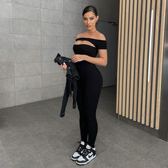 Wear off-Shoulder Short Sleeve Slim Fit Exercise Casual Jumpsuit