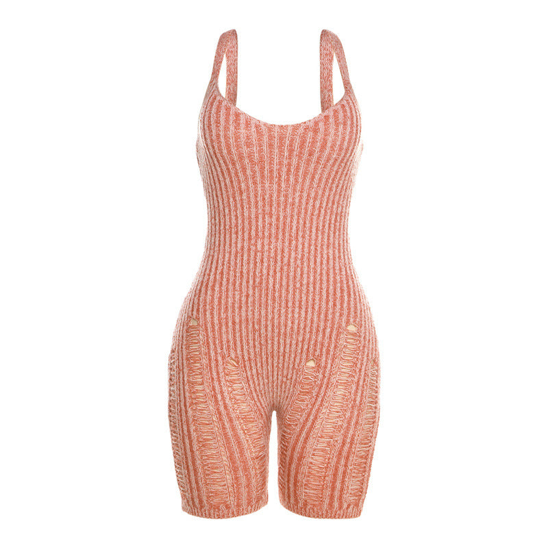 Color Contrast Knitted Low Collar Ripped High Waist Tight Jumpsuit