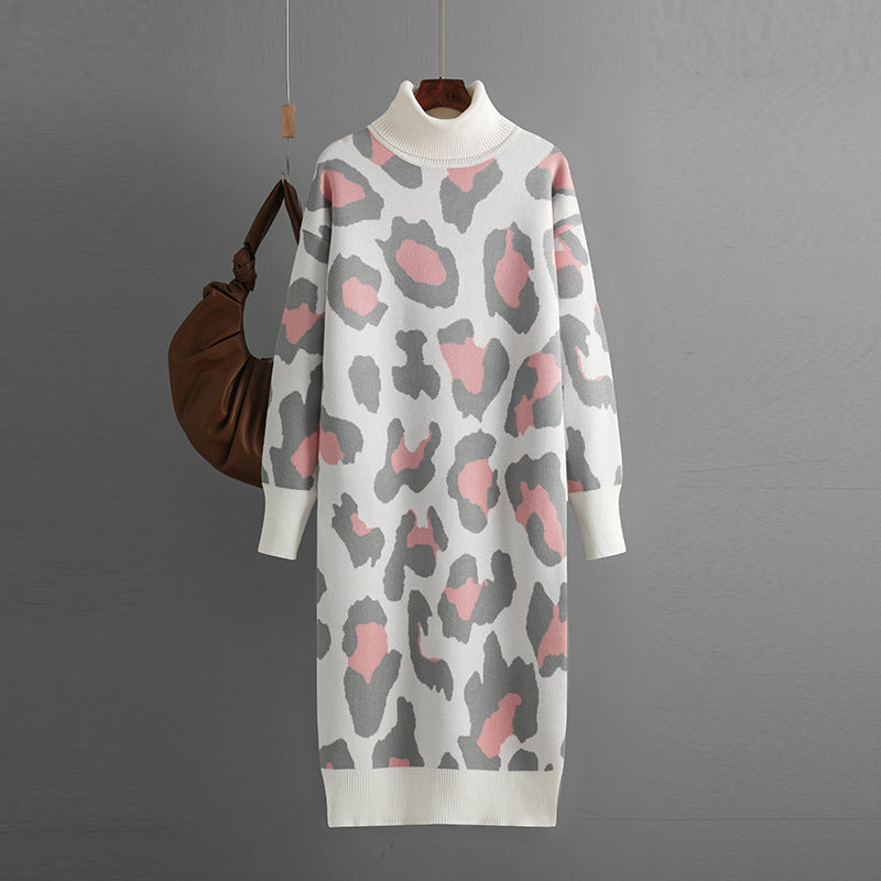 Turtleneck Base Knitted Dress Leopard Print Maxi Dress
