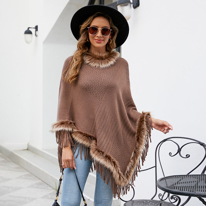 Knitted Tassel Cloak Solid Color Pullover Loose Inverness