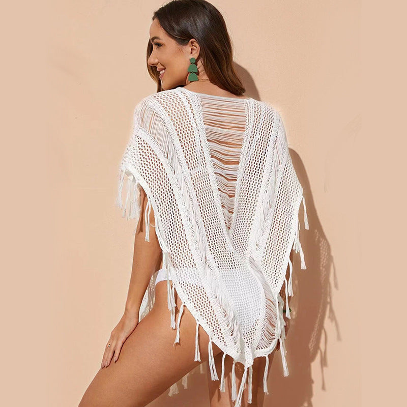 Beach Dress Solid Color Knitted Hollow Out Cutout Beach Bikini Blouse Sun-Protective Fringe