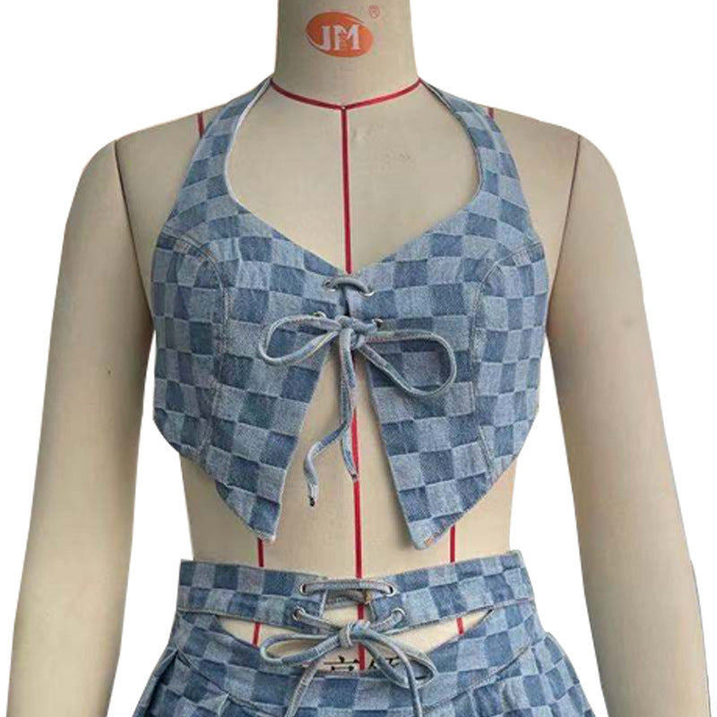 Denim Halter Vest Irregular Asymmetric Lace Up Plaid Camisole