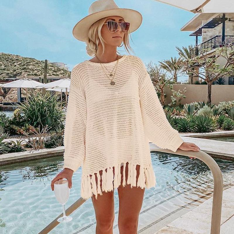 Hollow Out Cutout Knitted Tassel Beach Cover Up Seaside Vacation Bikini Cover Swimsuit Outwear Sun Protection