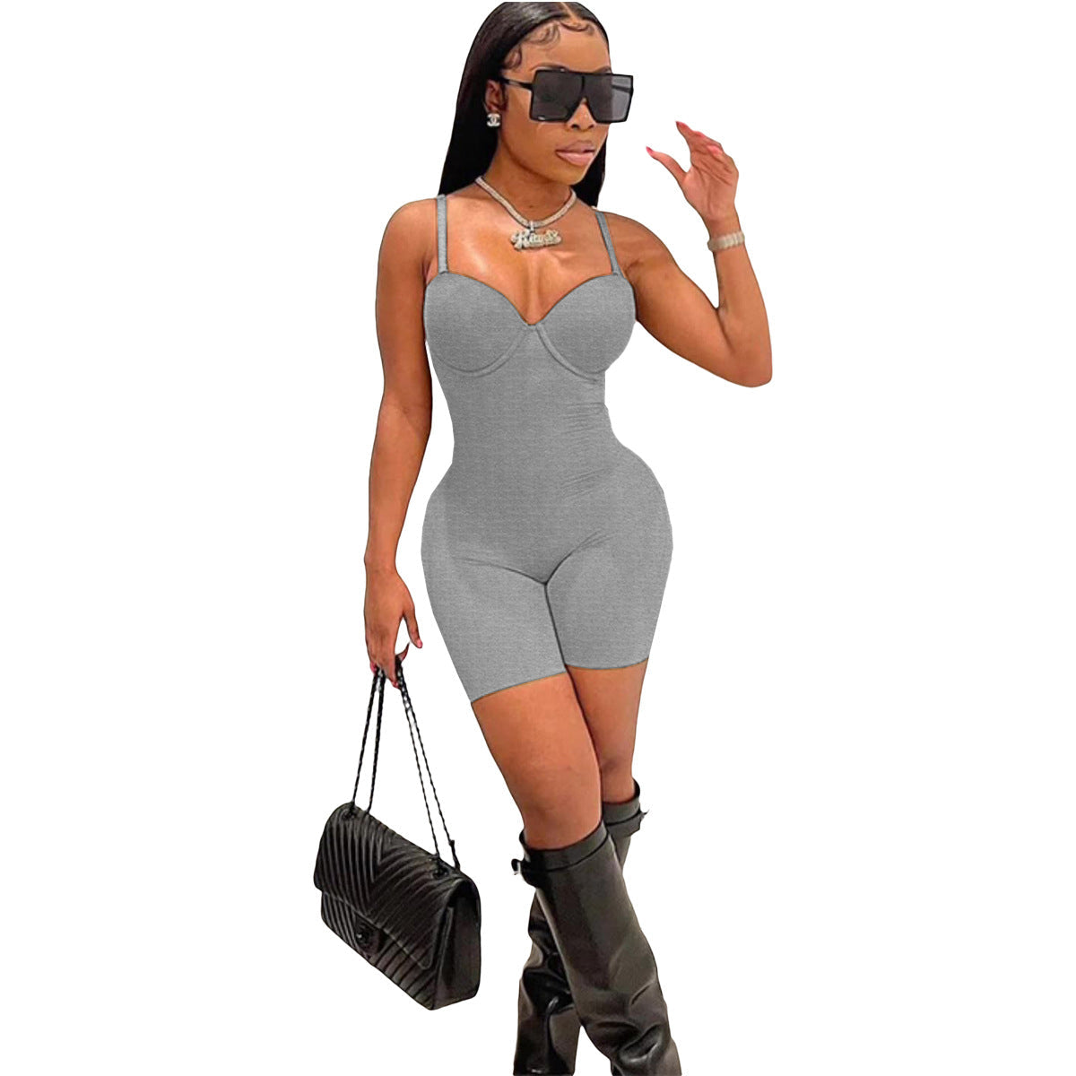 Tief ausgeschnittener Sling-Strampler mit hoher Taille, figurbetonter Etui-Strampler