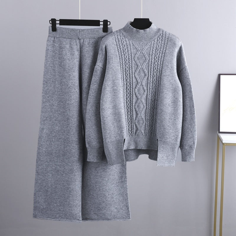 Slimming Knitted Suit Thickened Loose Turtleneck Sweater Wide Leg Pants Two Piece Suit