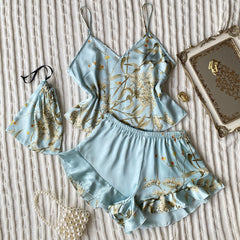 Imitated Silk Pajamas Two-Piece Printed Shorts Home Wear Suit Sling Dress