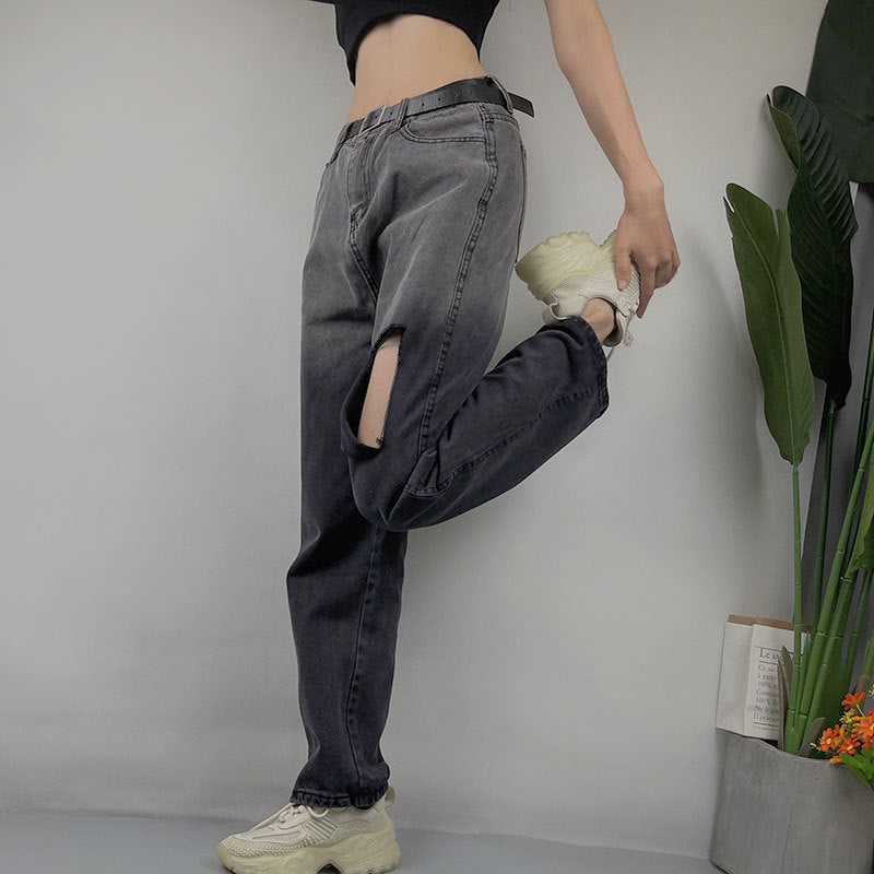 Jean déchiré à coutures dégradées de couleurs, style hipster urbain, coupe droite, pantalon large