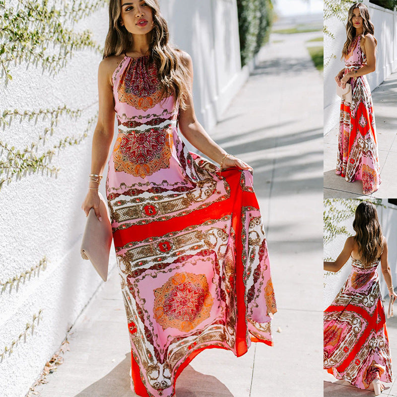 Neckholder-Maxikleid mit exotischem Druck und hoher Taille, ärmellos, Bürokleid