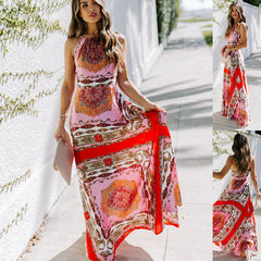 Neckholder-Maxikleid mit exotischem Druck und hoher Taille, ärmellos, Bürokleid