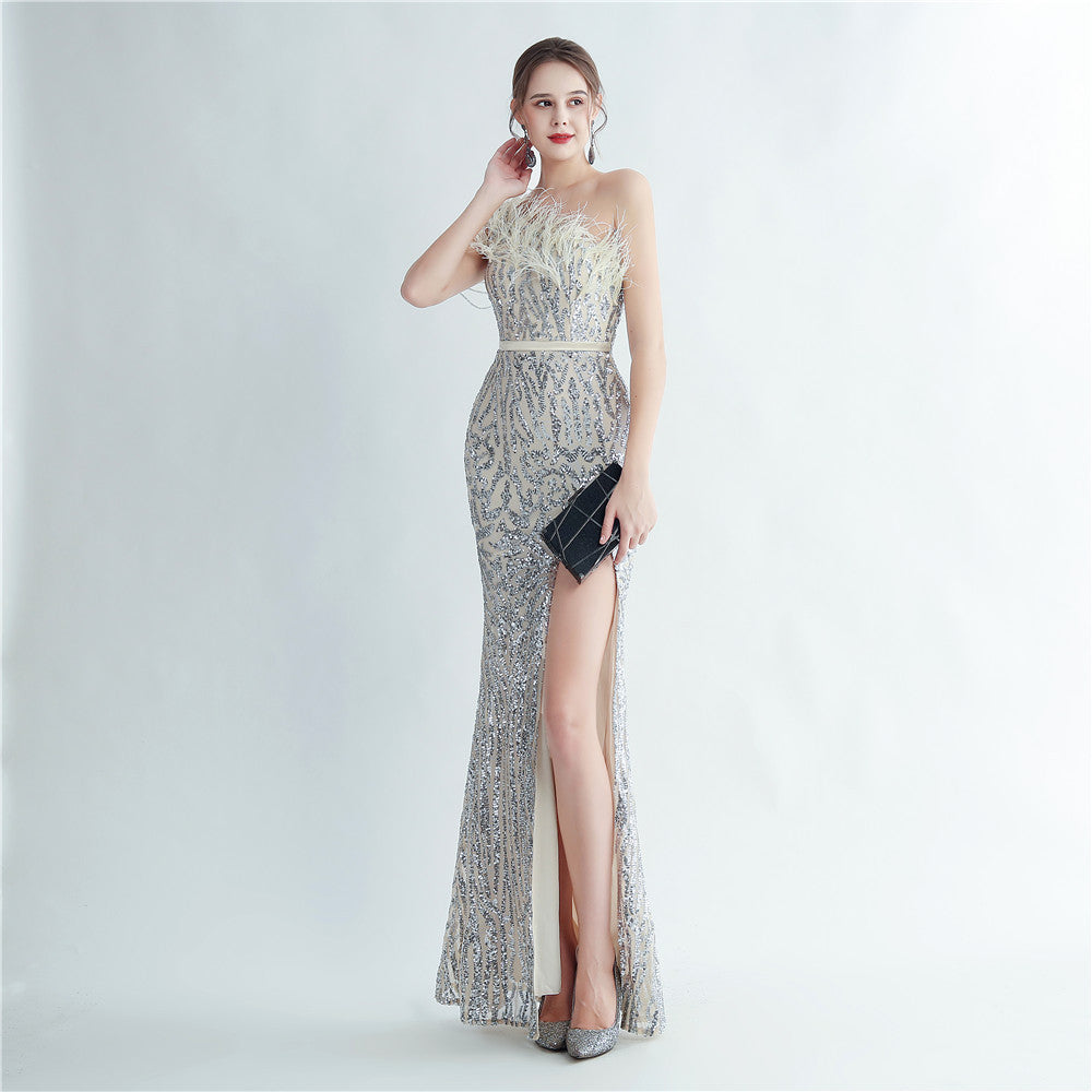Schwere Industrie Straußenhaar Handwerk Perlen Haar Schräge Schulter Seite Schlitz High-End-Abendkleid