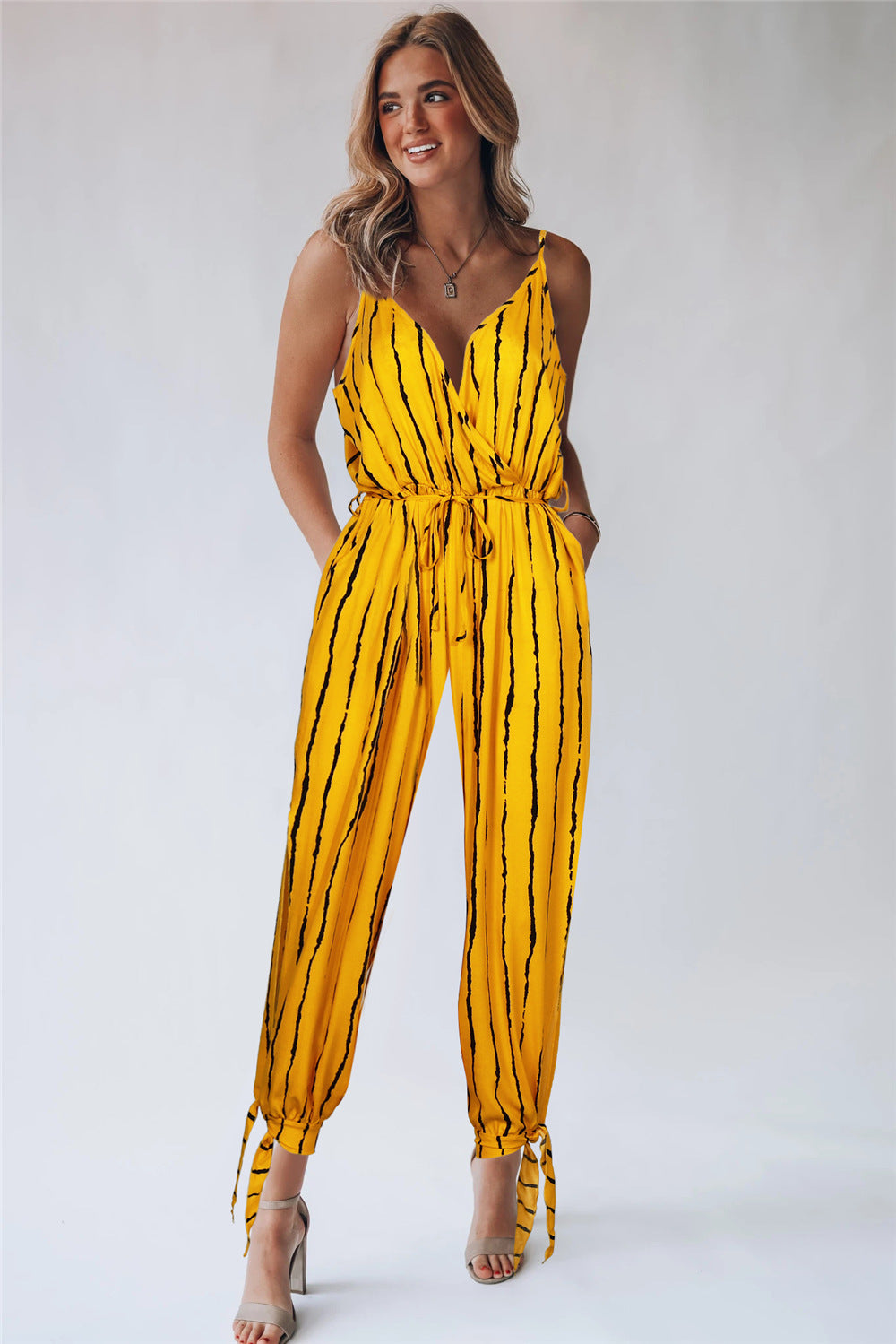 V neck Strap Lace up Striped Jumpsuit