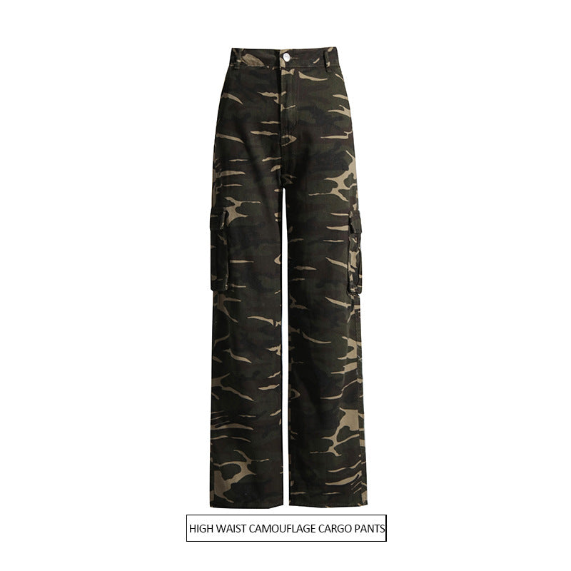 High Street Retro Denim Camouflage Pants Trendy Multi Pocket Workwear Straight Leg Pants