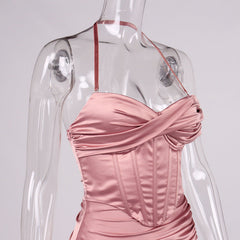 Satin Boning Corset Boning Corset Fold Split Halter Midi Dress