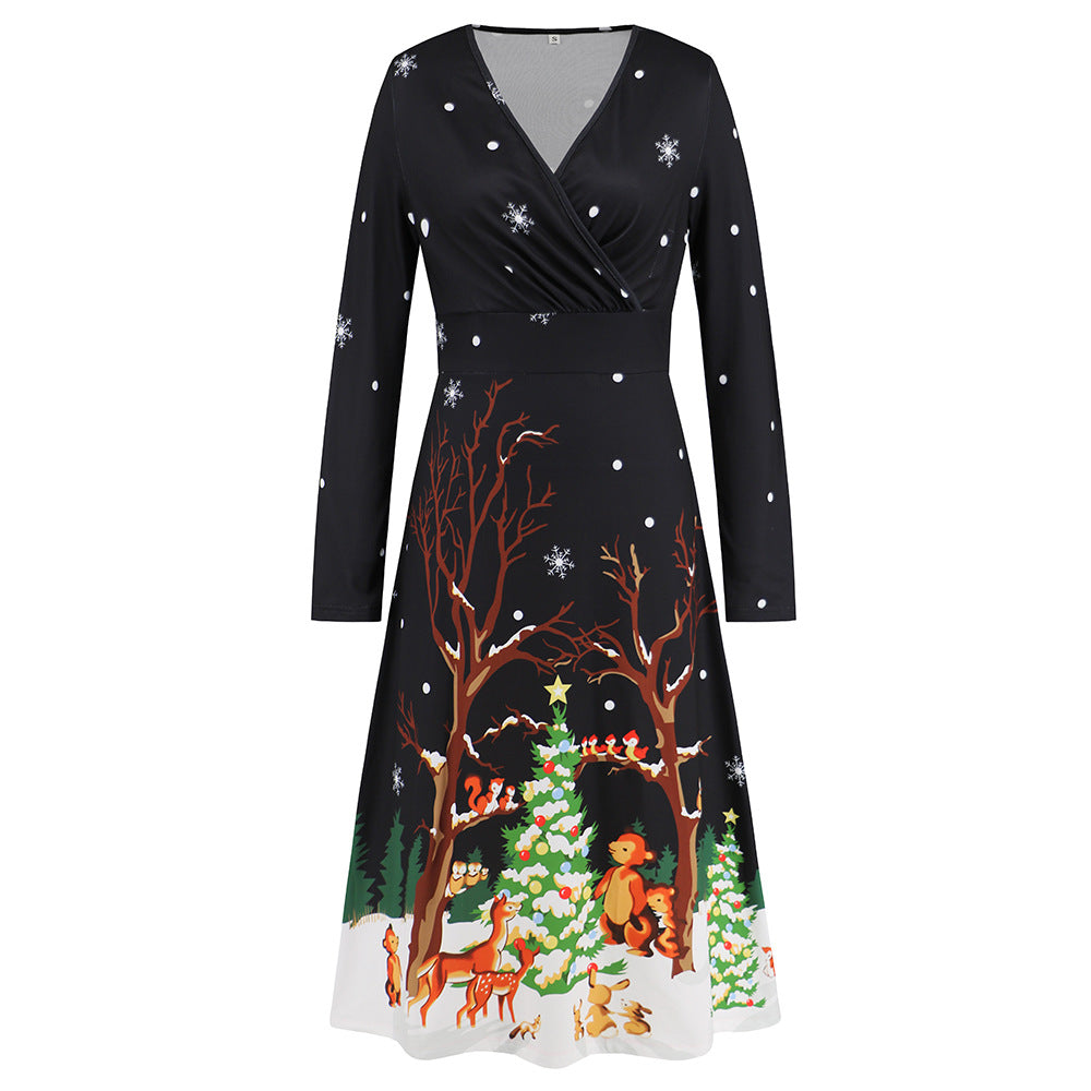 V Neck Long Sleeved Christmas Printed Dress Christmas Dress Year Party Play Maxi Dress