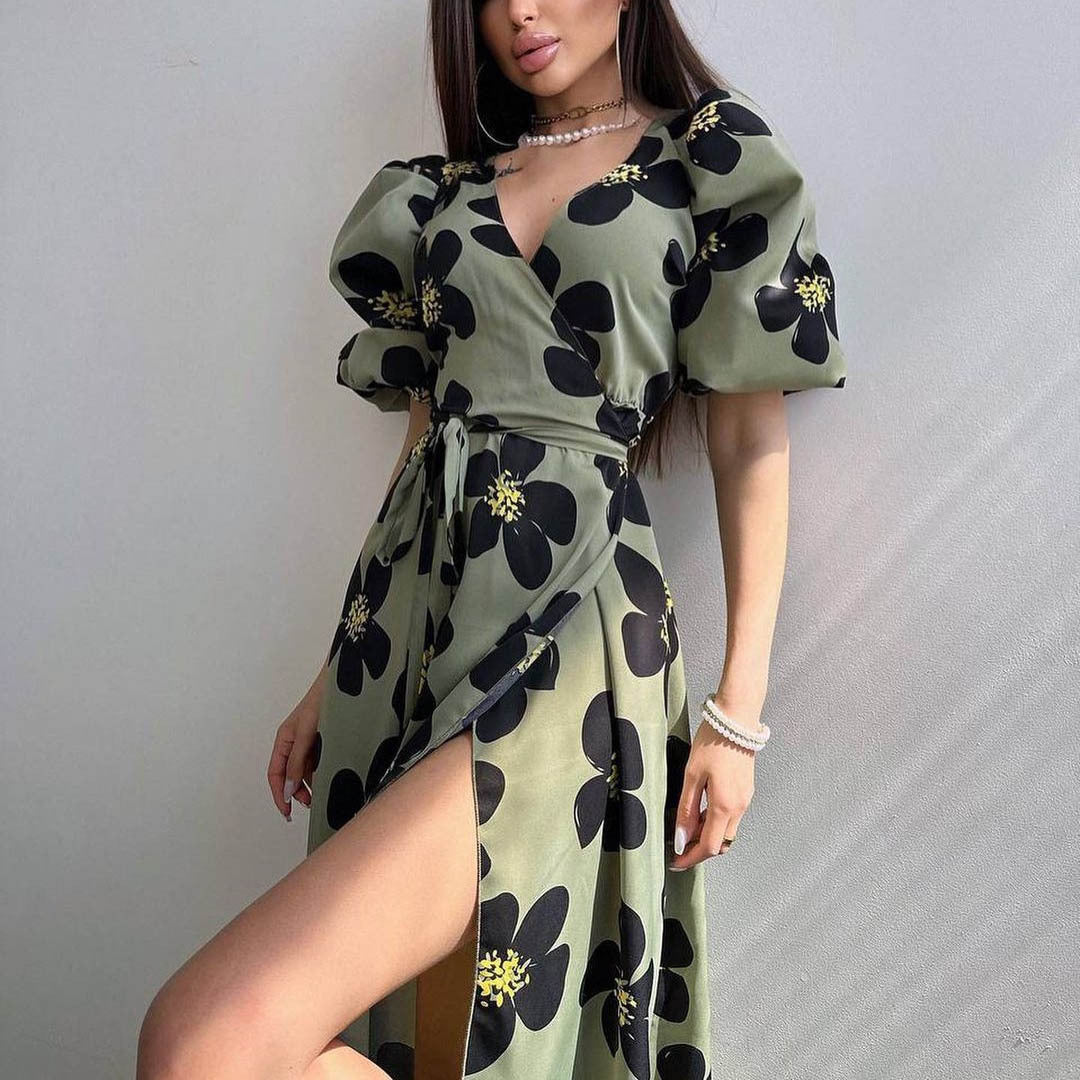 Lantern Sleeve V neck Dress Slim Fit Large Swing Elastic Printing Maxi Dress