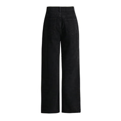 Pantalon en jean taille haute coupe droite, ample, troué, noir, drapé amincissant, jambe large, jean serpillière